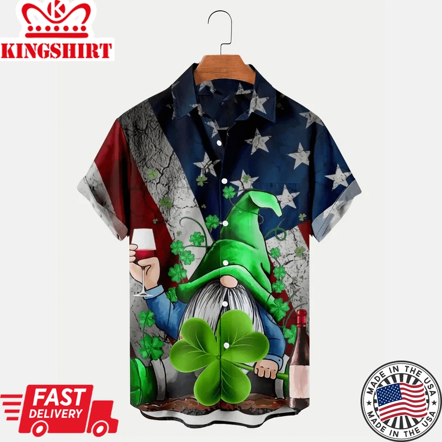 St. Patrick's Gnome Shamrock American Flag Print Men's Trendy Hawaiian Shirt