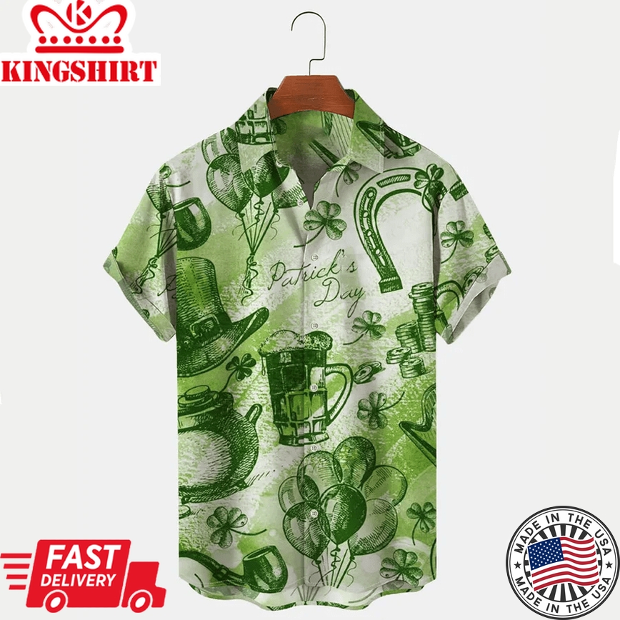 St. Patrick's Men's Trendy Hawaiian Shirts Clover Oversized Stretch Easy Care Aloha Shirts, St. Patrick's Day Gifts