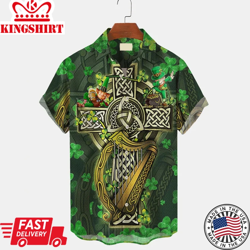 St. Patrick's Men's Trendy Hawaiian Shirts Viking Jesus Cross Art Stretch Aloha Shirts