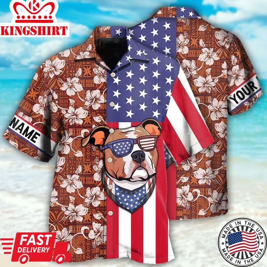 Staffordshire Bull Terrier Dog America Tropical Floral Personalized Hawaiian Shirt