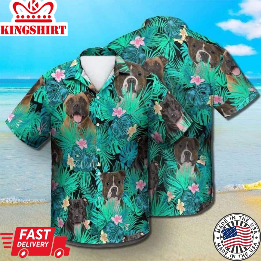 Staffordshire Bull Terrier Trendy Hawaiian Shirt, Dog Summer Leaves Trendy Hawaiian Shirt, Unisex Print Aloha Short Sleeve Casual Shirt Summer Gifts