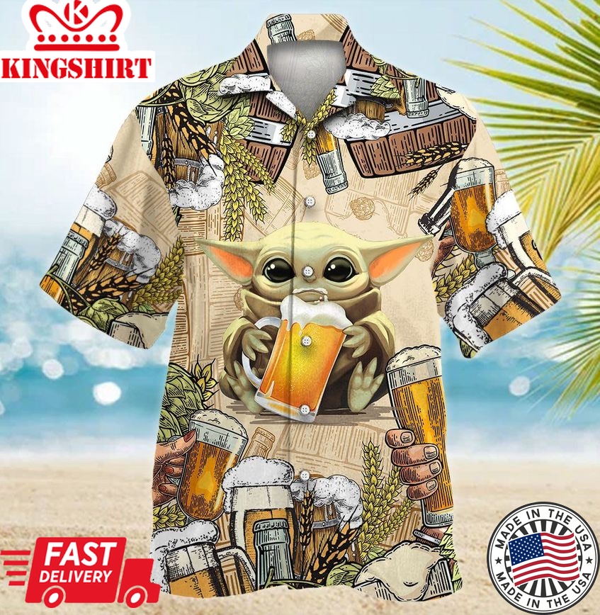 Star Wars Baby Yoda And Beer Wheat Hawaiian Shirt