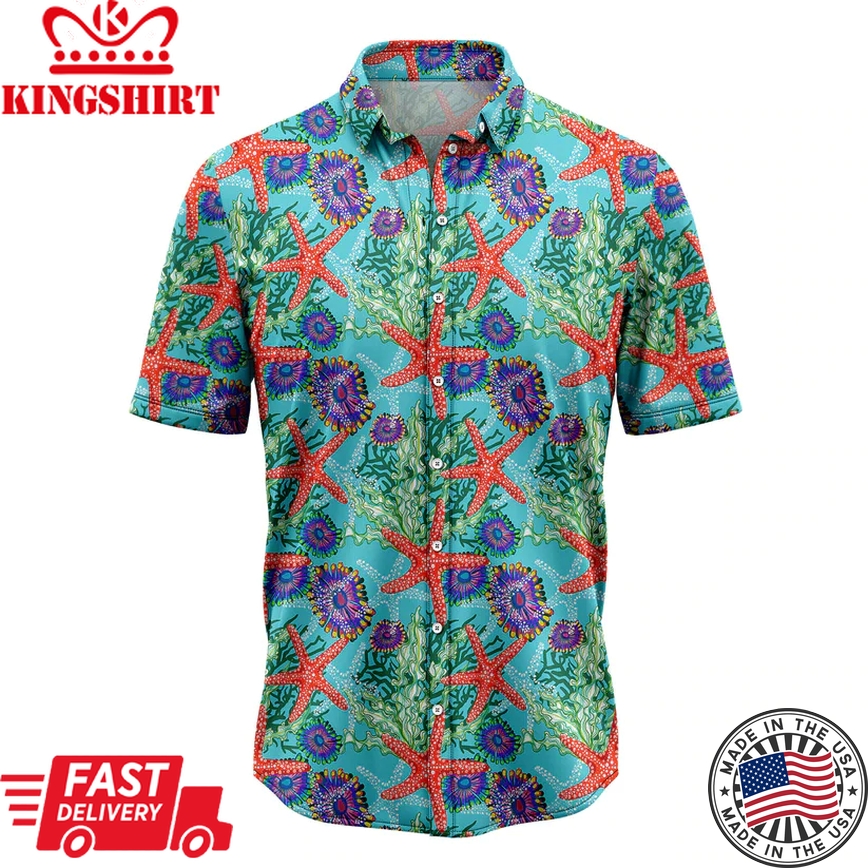 Starfish Underwater Floral Trendy Hawaiian Shirt, Summer Gift, Trendy Hawaiian Shirts For Men, Aloha Beach Shirt