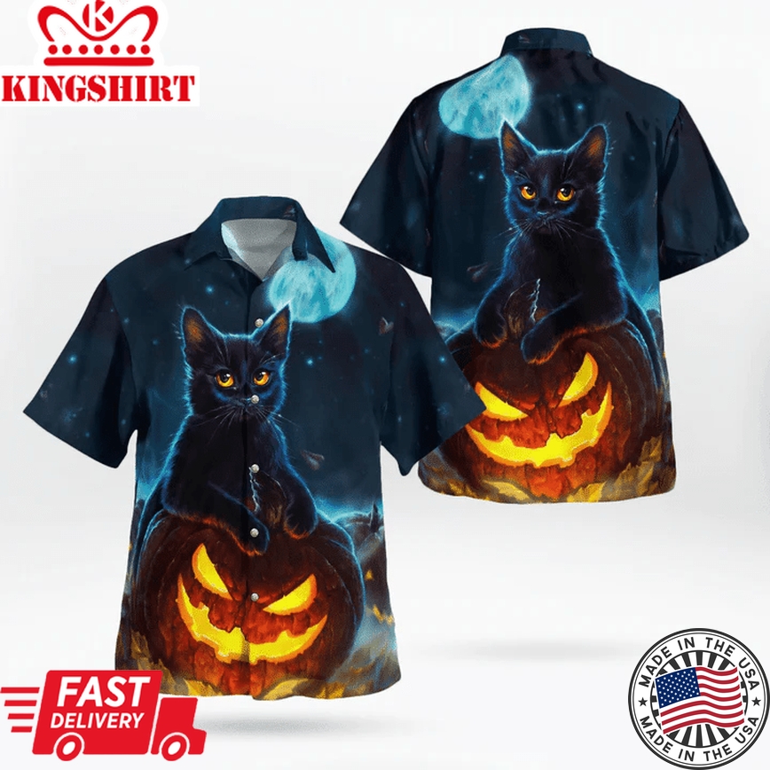 Starry Night Fullmoon Black Cat Spooky Pumpkin Halloween Trendy Hawaiian Shirt, Unisex Print Aloha Short Sleeve Casual Shirt