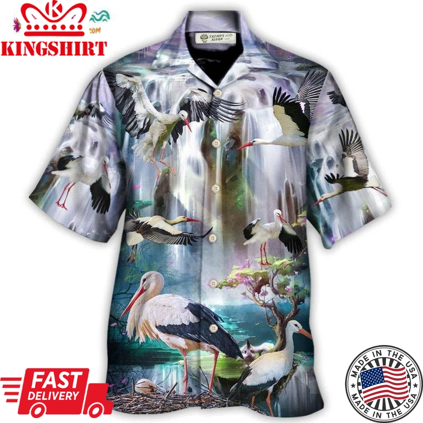 Stork Bird In The Dreamy Waterfall Hawaiian Shirt