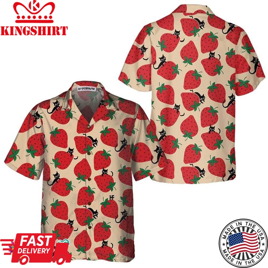 Strawberry And Cat Seamless Pattern Hawaiian Shirt, Strawberry Shirt For Men & Women, Strawberry Print Shirt