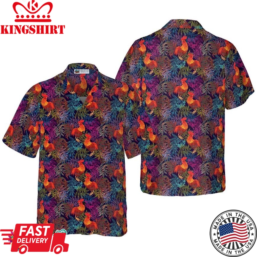 Stylish Rooster Chicken And Leaves Hawaiian Shirt