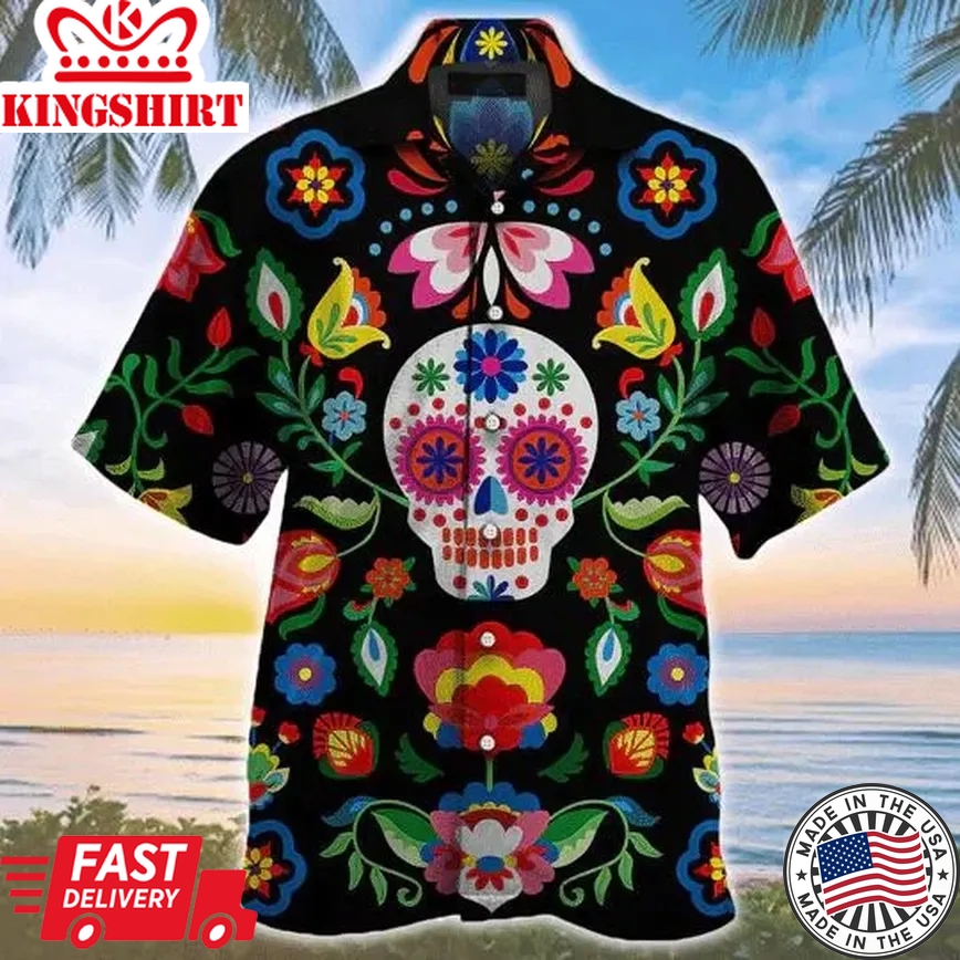 Sugar Skull Pattern Colorful Elements Trendy Hawaiian Shirt