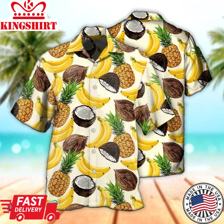 Summer Fruits Coconut Banana Pineapple 3D Hawaiian Aloha Beach Shirt