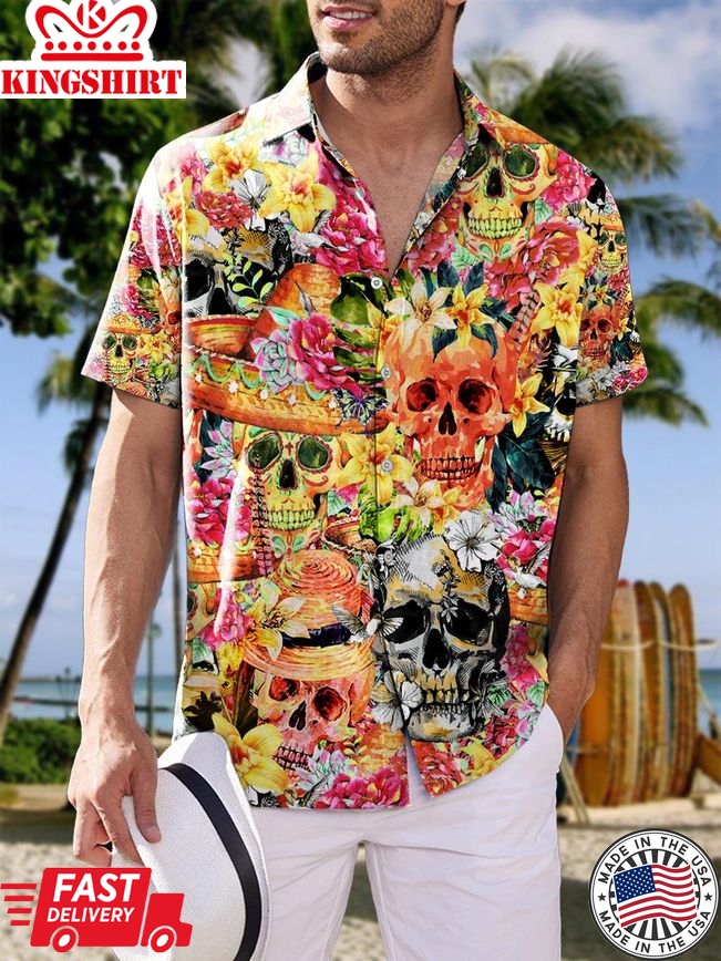 Summer Hawaiian Shirts Multicolor Skull Floral Print Button Shirt