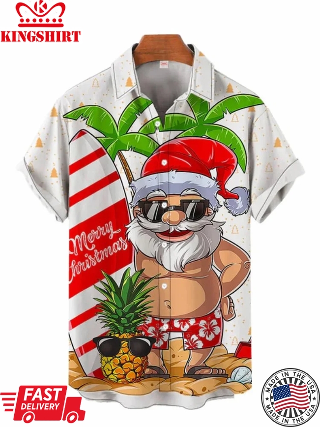 Summer Sunbathing Santa Caus Printing Men's Shirt, Trendy Hawaiian Shirt For Men