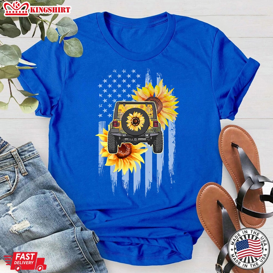 Sunflower Jeep Girl American Flag T-Shirt - Women's Tee