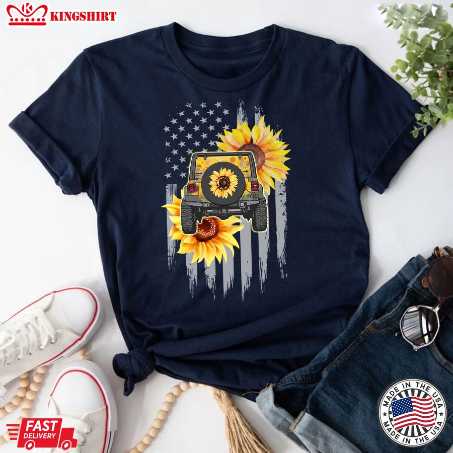 Sunflower Jeep Girl American Flag T-Shirt - Women's Tee