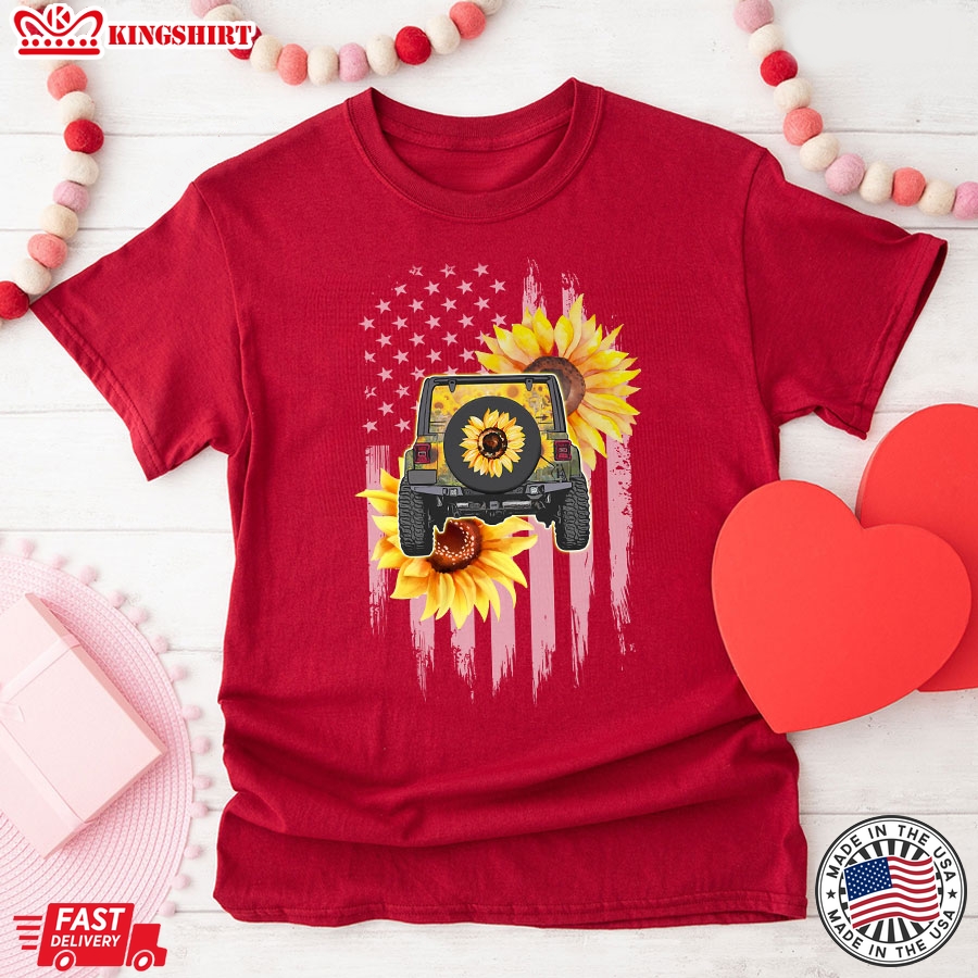 Sunflower Jeep Girl American Flag T-Shirt - Women's Tee