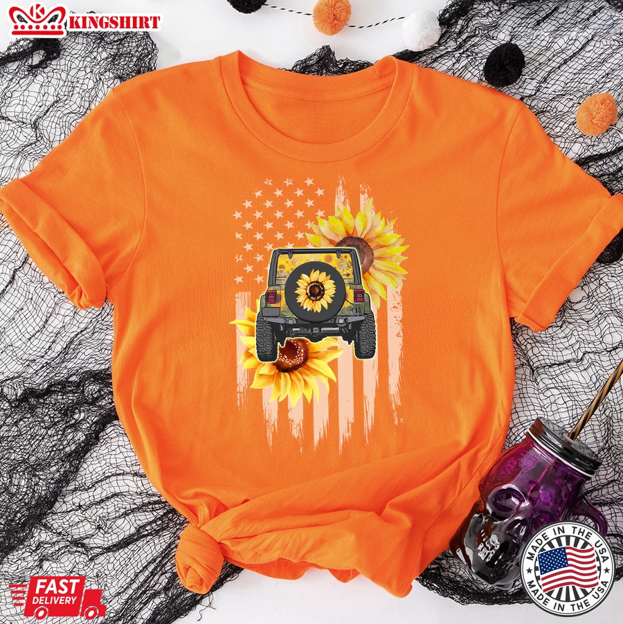 Sunflower Jeep Girl American Flag T-Shirt - Women's Tee