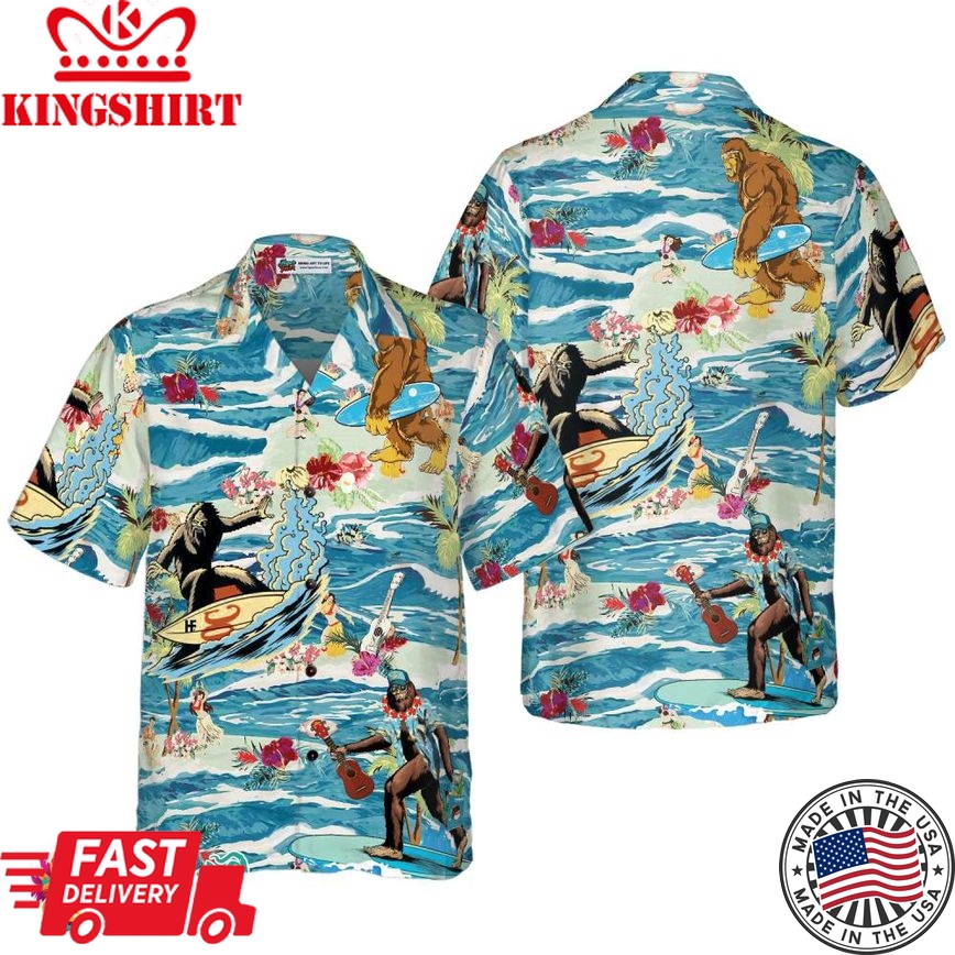 Surfing Bigfoot Aloha Vacation Bigfoot Hawaiian Shirt, Tropical Ocean Wave Vintage Bigfoot Shirt For Men