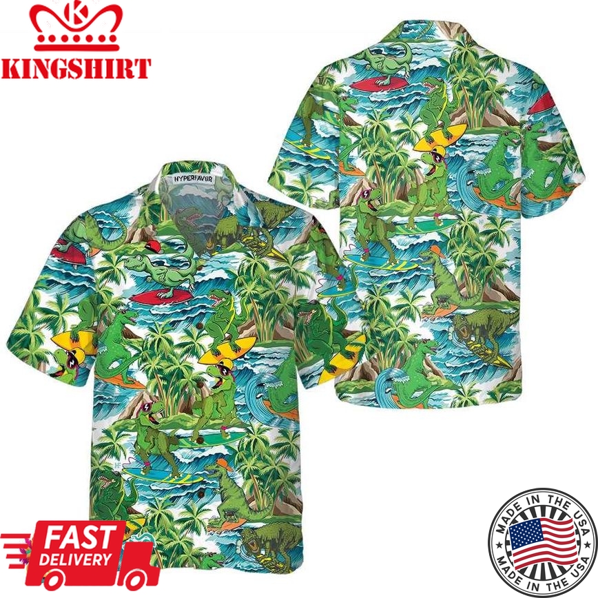 Surfing Dinosaur Hawaiian Shirt, Funny Dinosaur Shirt, Cool Printed Dino Shirt For Adults