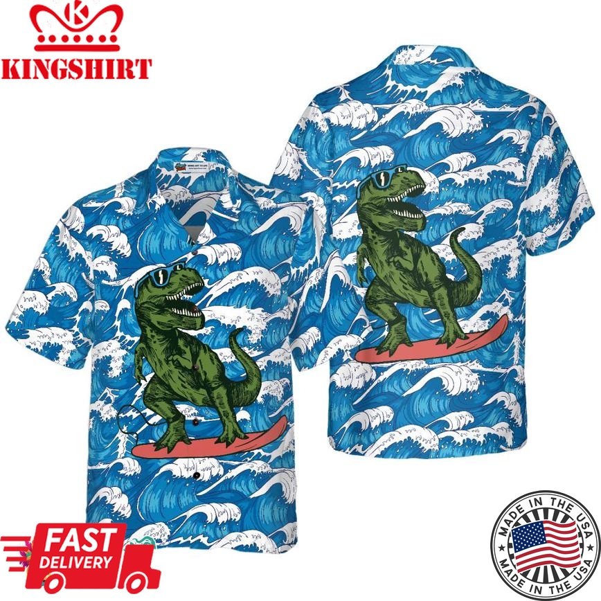 Surfing T-Rex Dinosaur Hawaiian Shirt