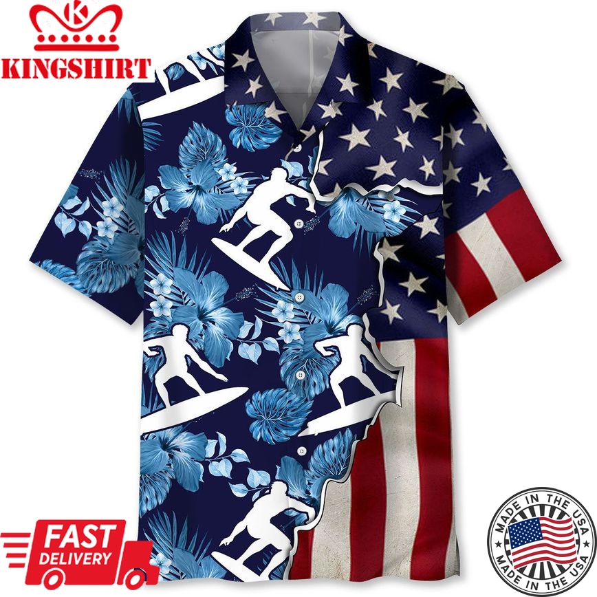 Surfing Tropical Us Flag Trendy Hawaiian Shirt