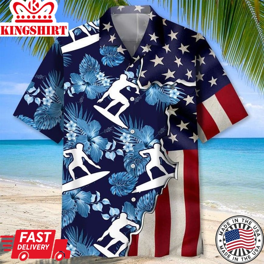 Surfing Tropical Us Flag Trendy Hawaiian Shirt, Short Sleeve Summer Vacation Beach Shirts For Men