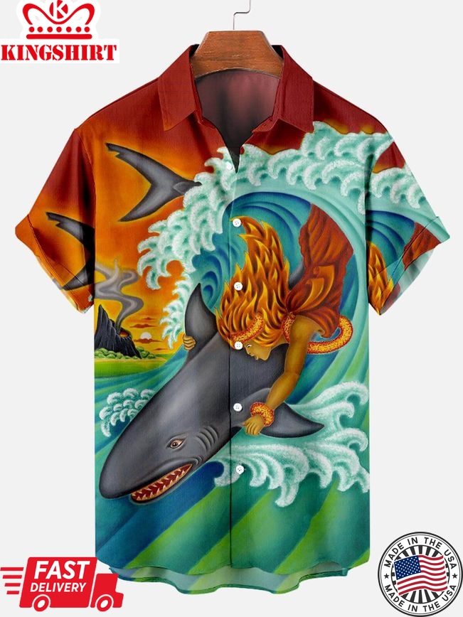 Surfing with Sharks Hawaiian Shirt - Shark Surfing Pattern Men's Hawaiian Short Sleeve