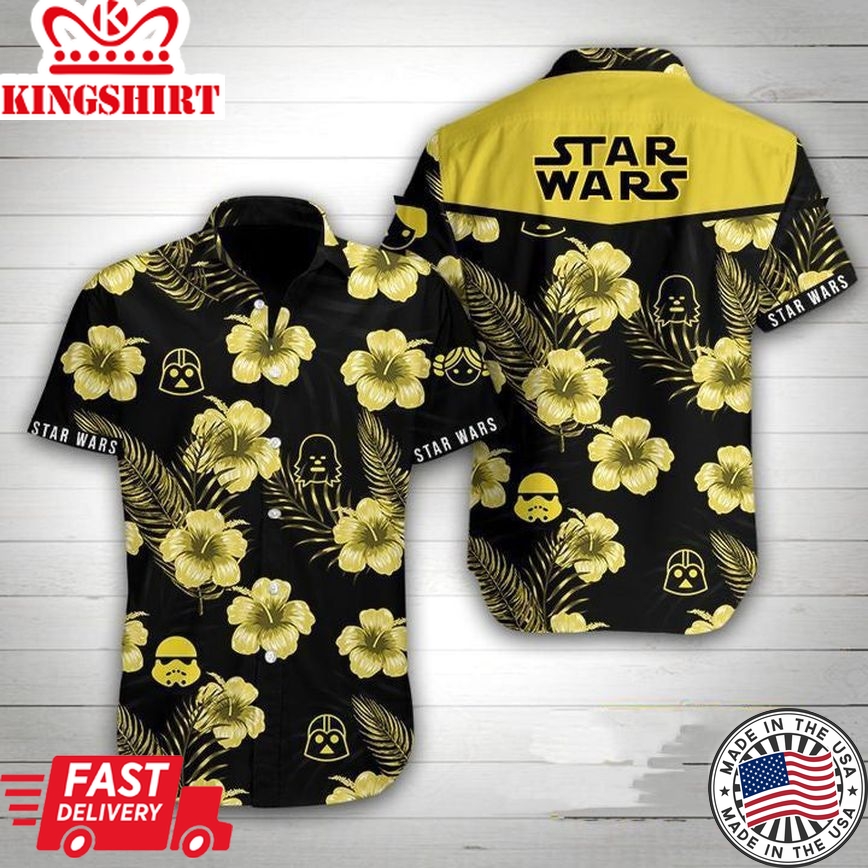 Sw Hawaiian Shirt Darth Vader Chewbacca Stormtrooper Heads Silhouette Pattern Black Yellow Hawaii Aloha Shirt