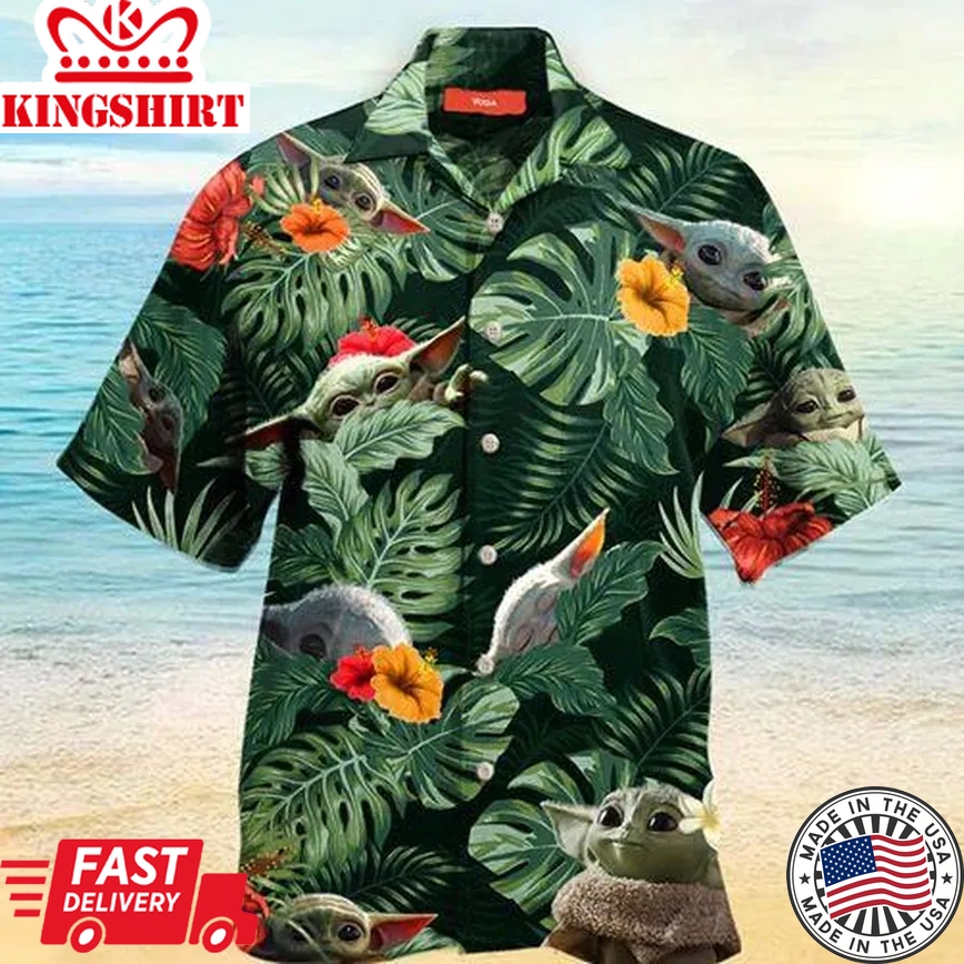 Sw Trendy Hawaiian Shirt Baby Yoda Grogu Hibiscus Flower Tropical 3D Green Hawaii Aloha Shirt 2022