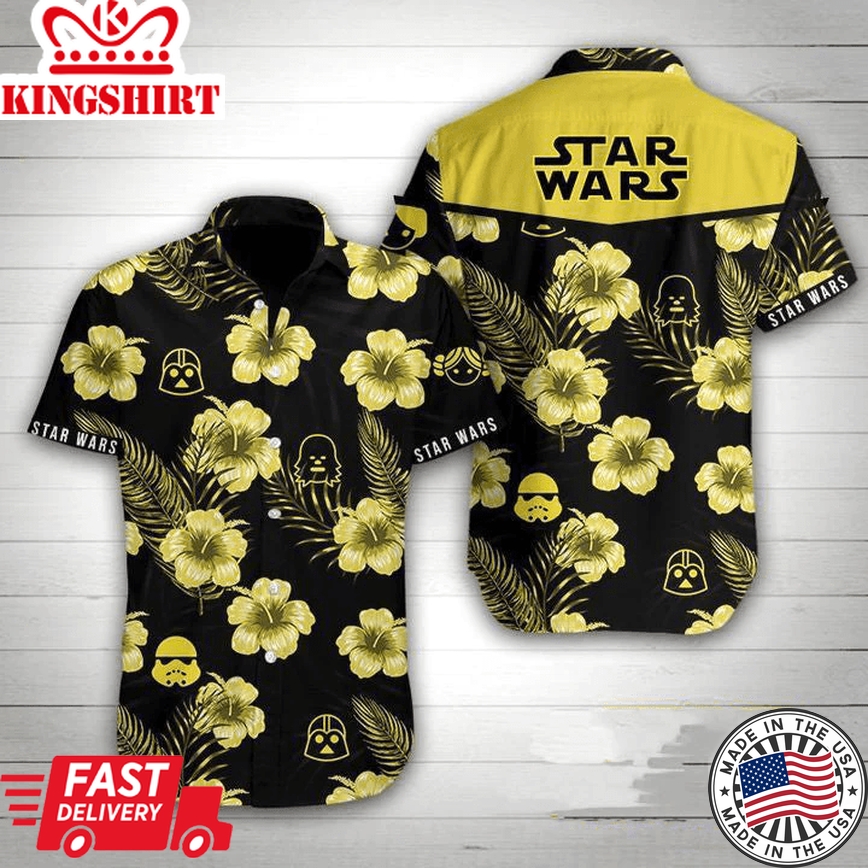 Sw Trendy Hawaiian Shirt Darth Vader Chewbacca Stormtrooper Heads Silhouette Pattern Black Yellow Hawaii Aloha Shirt 2022