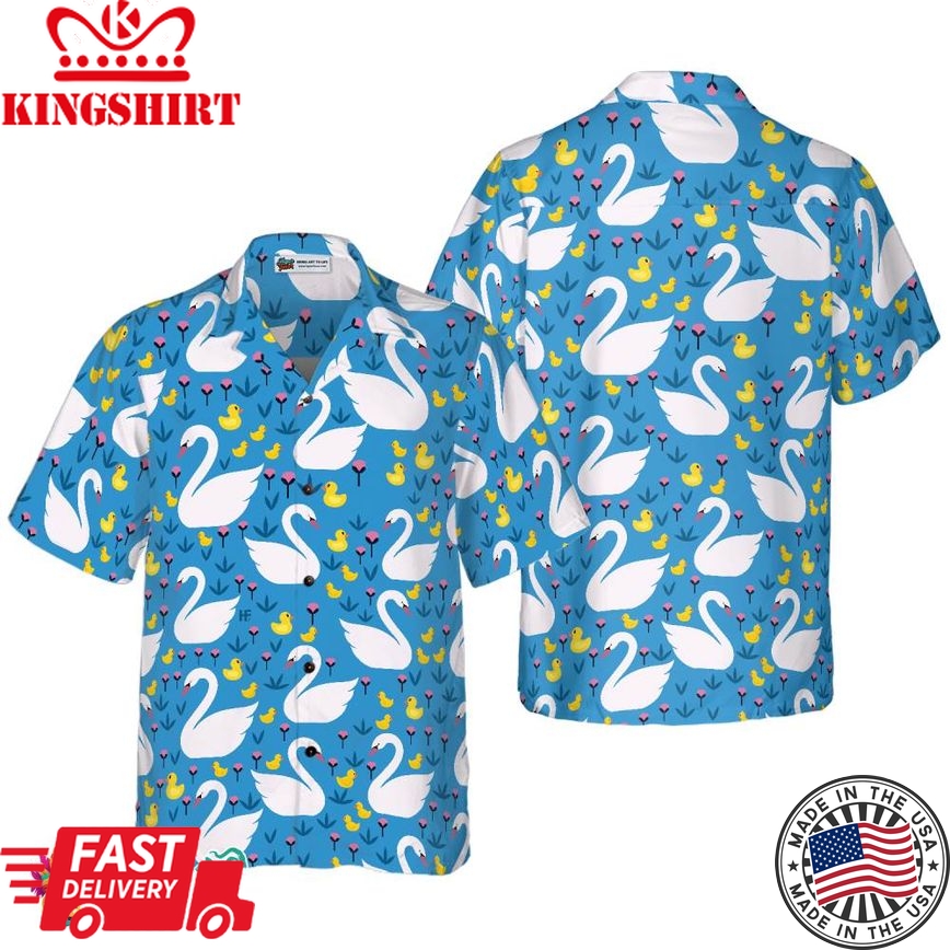 Swans And Ducks Swimming Hawaiian Shirt, Sky Blue Animals And Floral Hawaiian Shirt