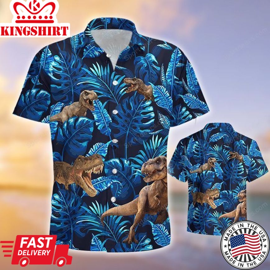 T Rex T Rex Tropical Trendy Hawaiian Shirt, Summer Gift, Trendy Hawaiian Shirts For Men, Aloha Beach Shirt