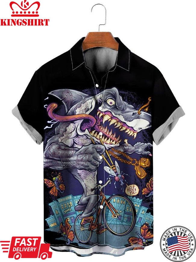 Tattooed Shark On Bike Hawaiian Shirt