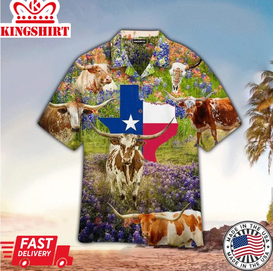 Texas Cow In Bluebonnet Field Trendy Hawaiian Shirt, Hawaii Shirt Men, Aloha Shirt