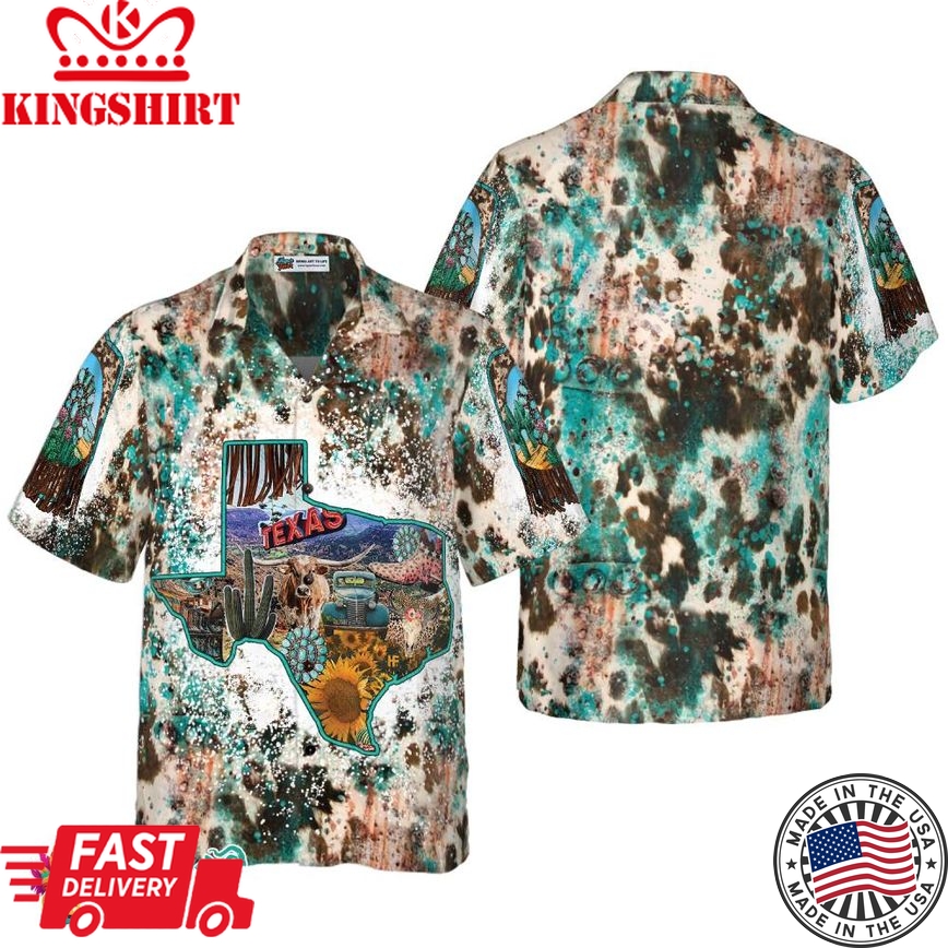 Texas Cowhide Map Hawaiian Shirt, Unique Texas Shirt For Texas Lovers