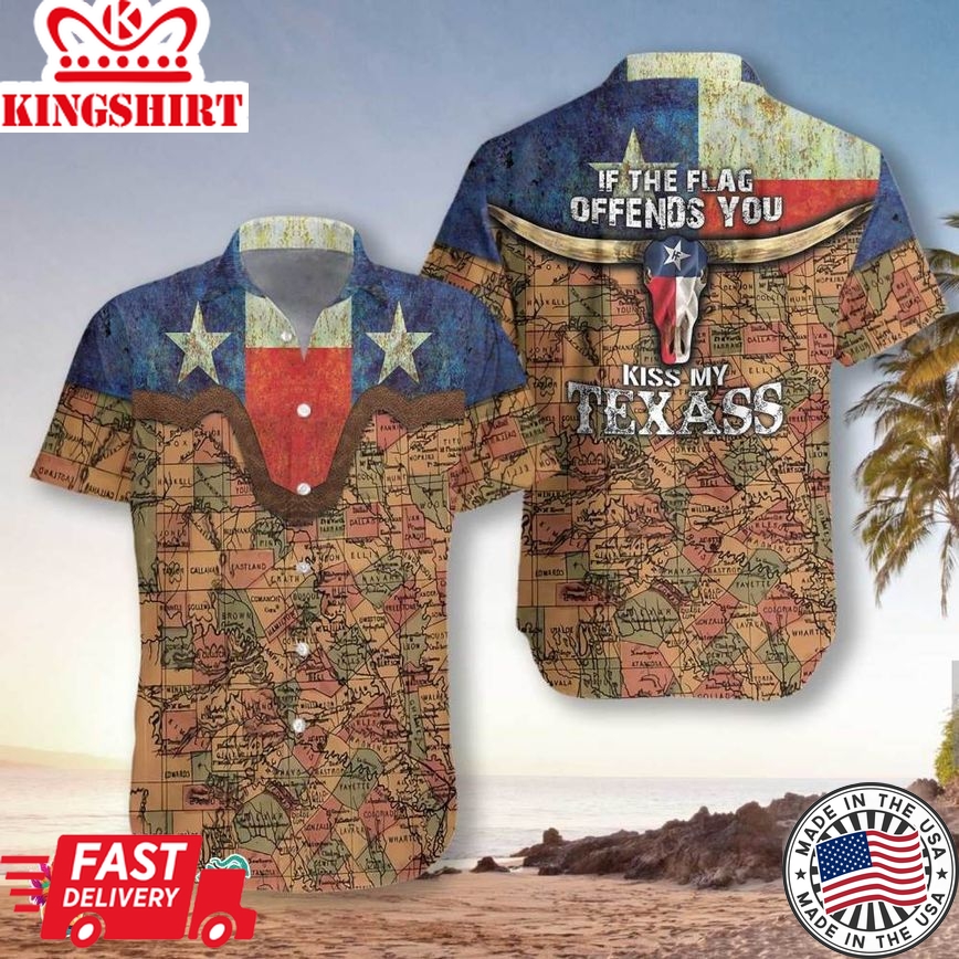 Texas Flag And Map Pattern Hawaiian Shirt, If The Flag Offends You Kiss My Texass Shirt, Texas Longhorns Shirt For Men