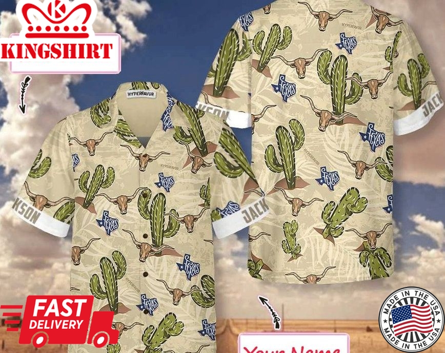 Texas Longhorn Cactus Custom Trendy Hawaiian Shirt, Unique Texas Shirt For Texas Lovers, Custom Trendy Hawaiian Shirt With Name, Summer Party Gift.