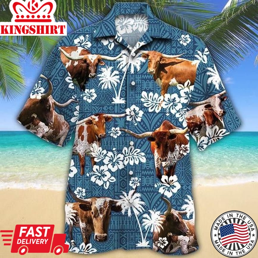 Texas Longhorn Cattle Blue Tribal Trendy Hawaiian Shirt, Cow Trendy Hawaiian Shirt For Summer Gifts