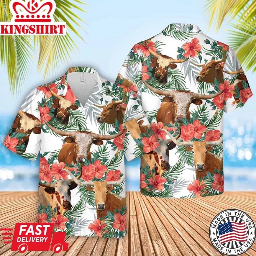 Texas Longhorn Cow Hawaiian Flowers Trendy Hawaiian Shirt, Gift For Farm Clothing, Summer Gift For Men And Women