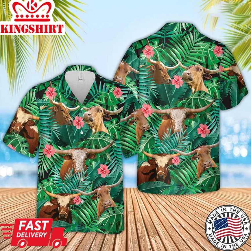 Texas Longhorn Cow Trendy Hawaiian Shirt, Farmer Trendy Hawaiian Shirts, Summer Tropical Shirts, Gift For Him, Funny Trendy Hawaiian Shirts