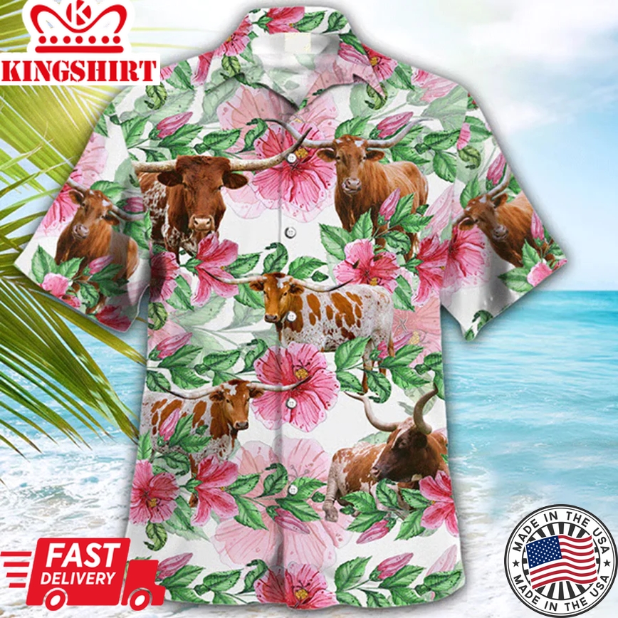 Texas Longhorn Cow Trendy Hawaiian Shirt, Farmer Trendy Hawaiian Shirts, Tropical Shirts, Gift For Him, Funny Trendy Hawaiian Shirts