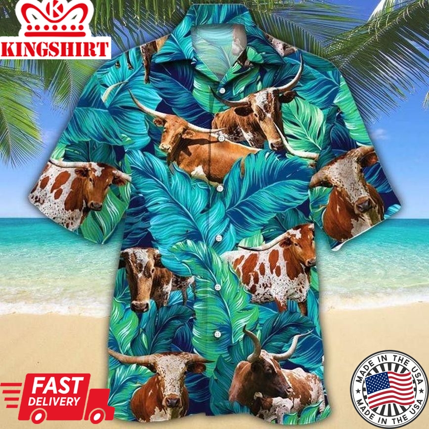 Texas Longhorn Hawaii Shirt Cattle Green, Cow Trendy Hawaiian Shirt For Summer Gifts