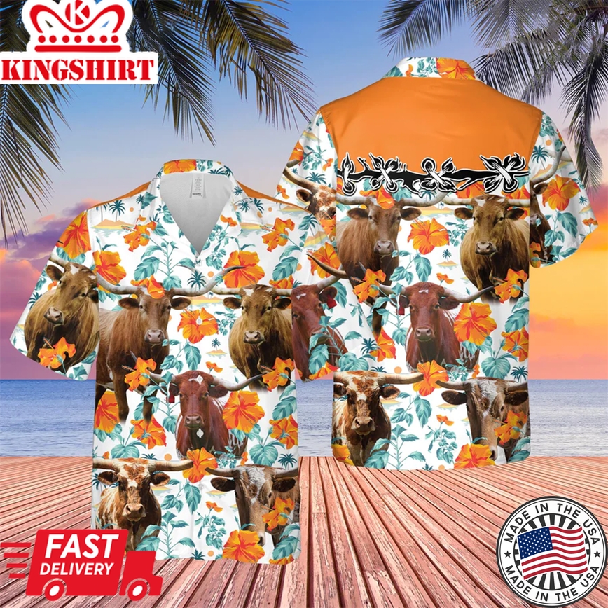 Texas Longhorn Hibiscus Floral 3D Trendy Hawaiian Shirt