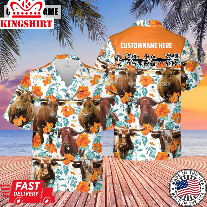 Texas Longhorn Hibiscus Floral Custom Name 3D Trendy Hawaiian Shirt, Summer Gifts For Men And Women