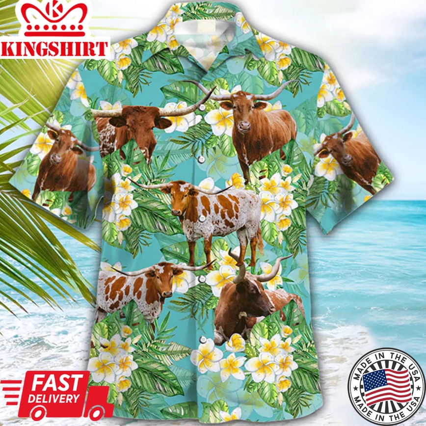 Texas Longhorn Tropical Trendy Hawaiian Shirt, Animal Trendy Hawaiian Shirts, Farmer Shirt For Men And Women