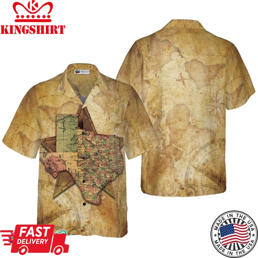 Texas State Map And Compass Pattern Hawaiian Shirt, Insignia State Of Texas Shirt, Texas Shirt For Men