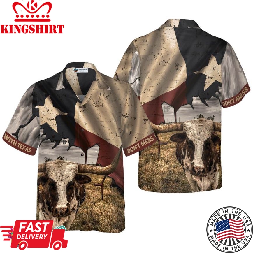 Texas State Map Pattern Flag Texas Hawaiian Shirt, Don't Mess With Texas Longhorns Shirt, Texas Shirt For Men