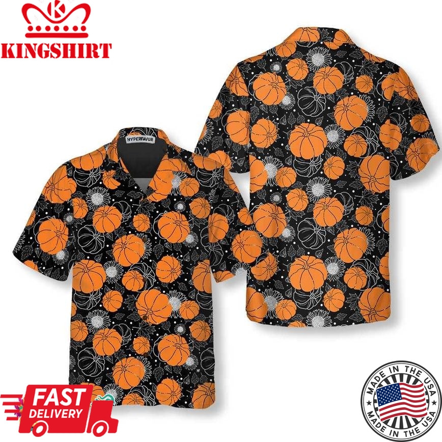 Thanksgiving Pumpkins And Sunflowers Seamless Pattern Hawaiian Shirt, Fall Pumpkin Shirt, Best Gift For Thanksgiving Day