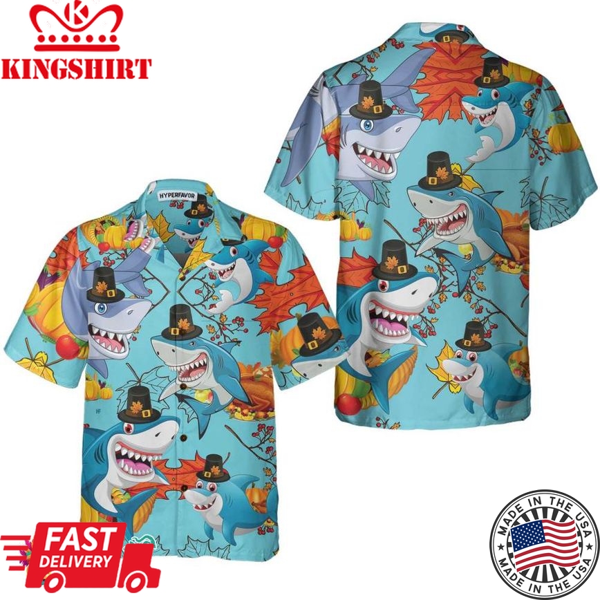 Thanksgiving Sharks Wearing Pilgrim Hat Hawaiian Shirt, Funny Thanksgiving Shirt, Gift For Thanksgiving Day