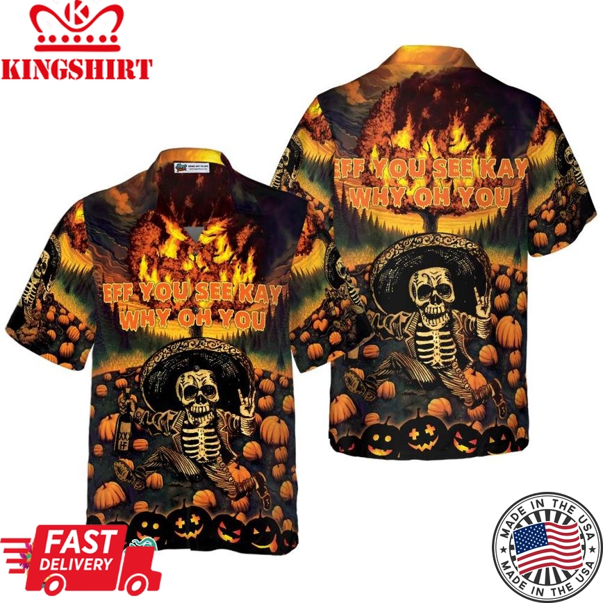 The Burning Pumpkin Sky & Skeleton Halloween Hawaiian Shirt, Halloween Shirt For Men And Women