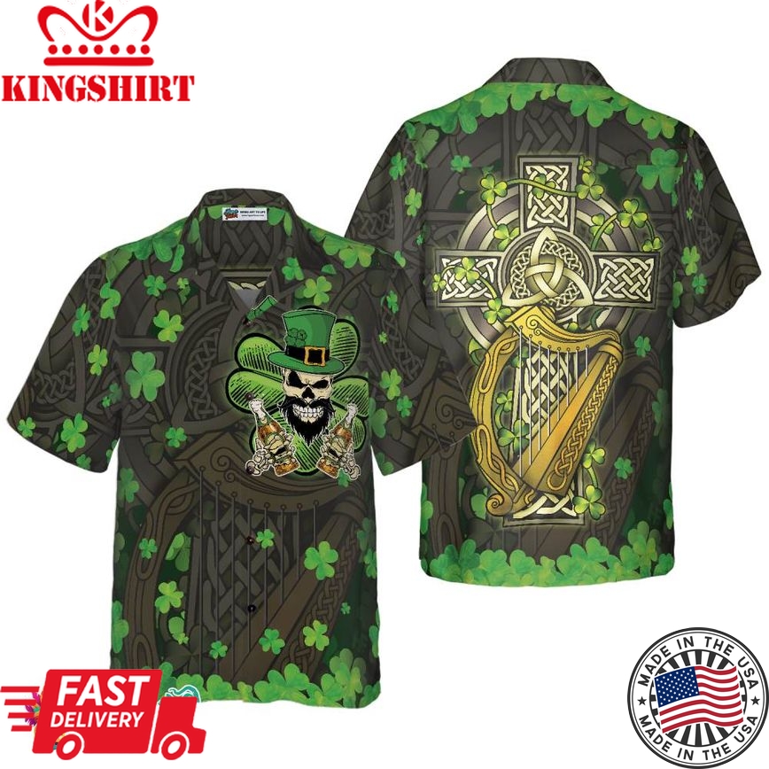 The Celtic Cross Harp Irish Skull Leprechaun Hawaiian Shirt