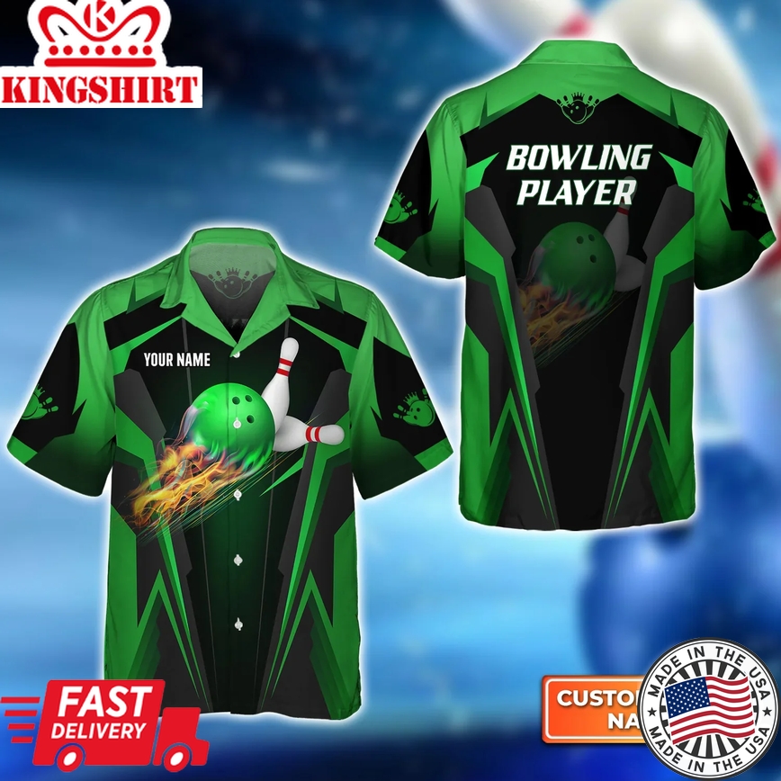 The Green Bowling Ball In Flames Breaks White Skittles Trendy Hawaiian Shirt, Bowling Trendy Hawaiian Shirt For Men, Women, Bowling Team